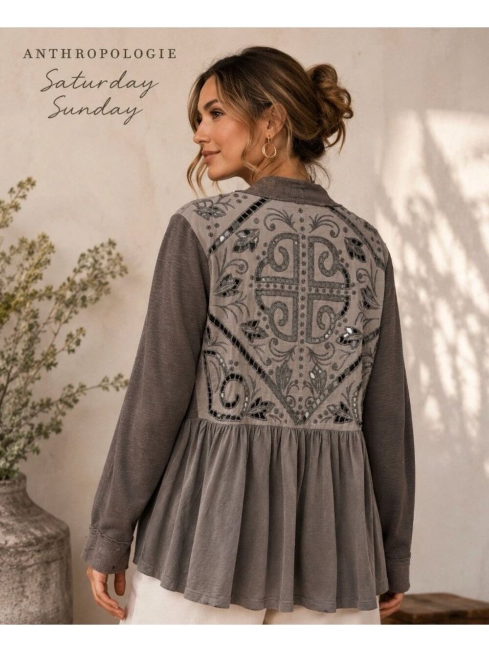 Anthropologie Saturday Sunday Storystitch Cutwork Cardigan M Cutout Peplum Top